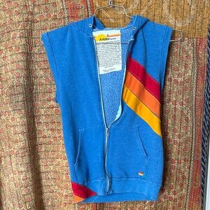 Aviator Nation Blue Zip Vest with Red and Orange Stripes
